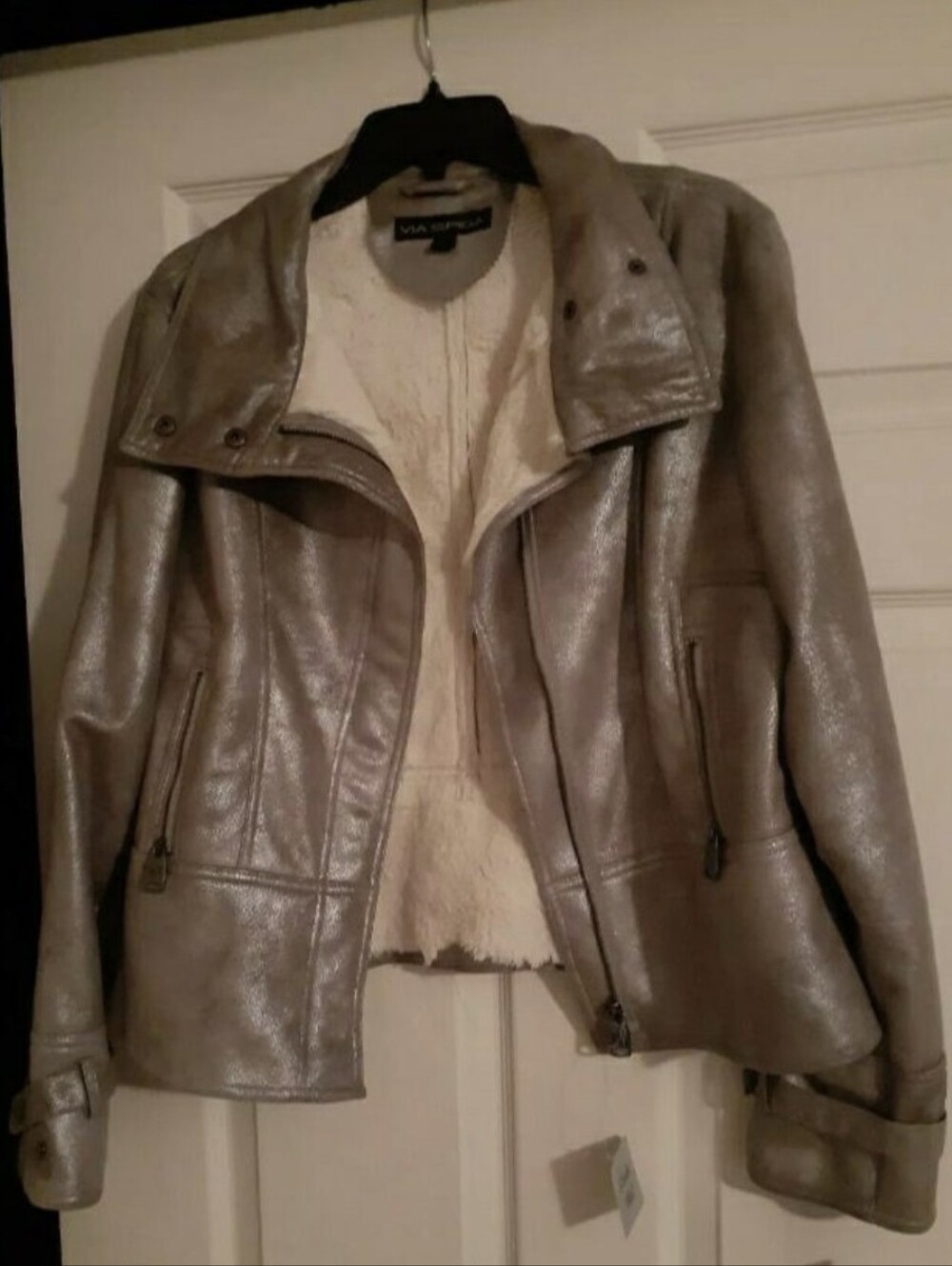Via Spiga Metallic Taupe Leather Jacket with Shearling Trim- Large